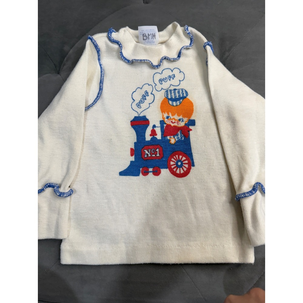 Vintage Carters Baby Train Sweater Cream Blue Lettuce Edge Ruffle 12 Months